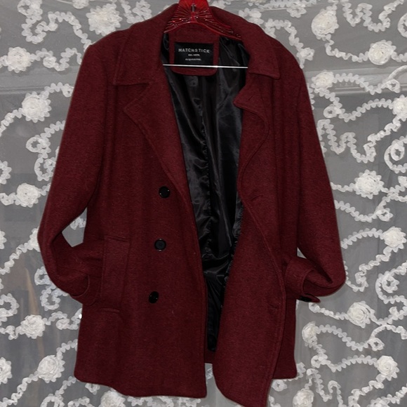 Matchstick Maroon Polyester Long Sleeve Double Breasted Fitted PeaCoat Large - Picture 3 of 5